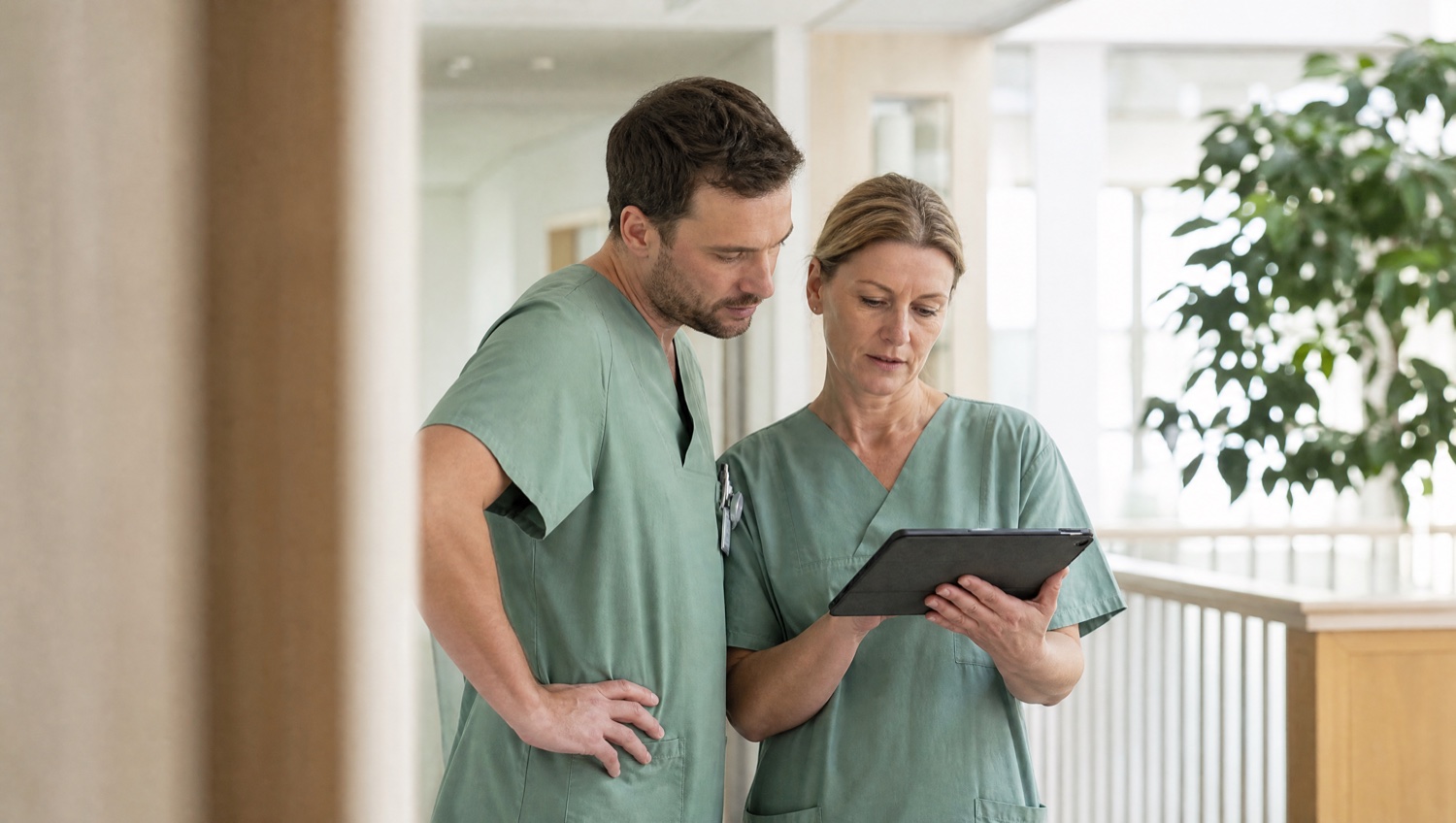 Zwei Klinik-Mitarbeitende besprechen sich am Tablet im Flur