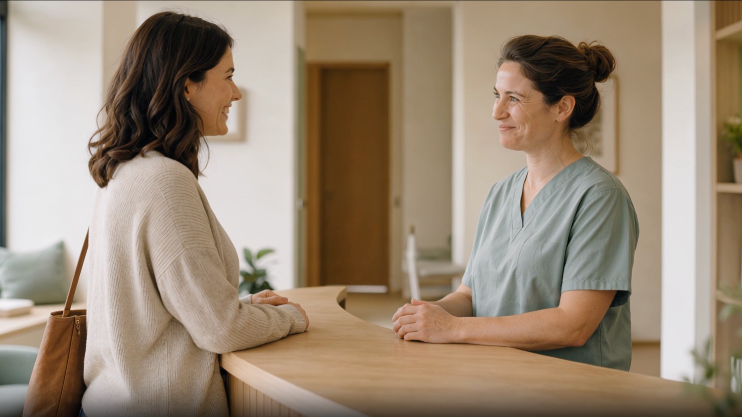 Medizinische Fachangestellte im freundlichen Gespräch mit einer Patientin